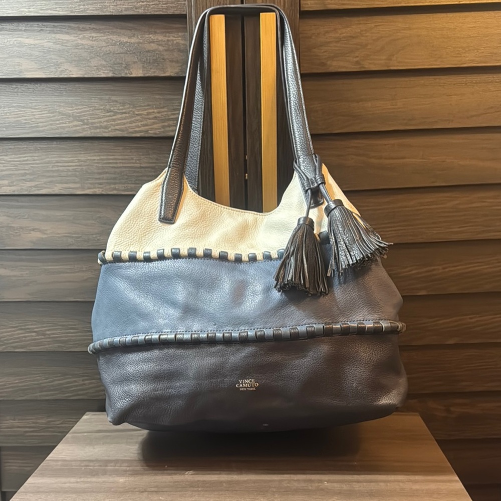 Vince Camuto Leather Cream and Blue Shoulder Bag with Tassel Detail